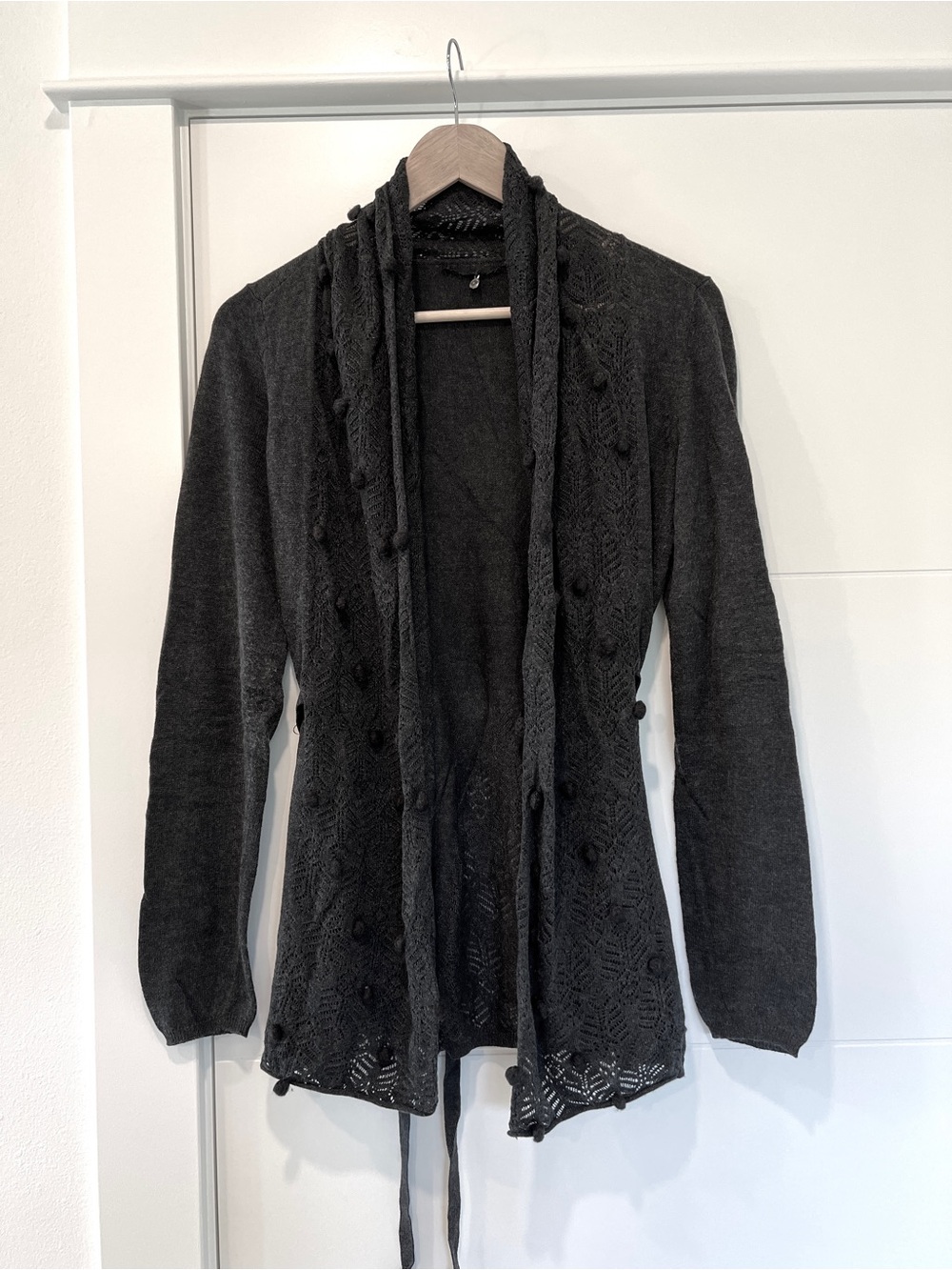 Anthropologie Open Tie Front Cardigan, Pointelle Detail, Charcoal S